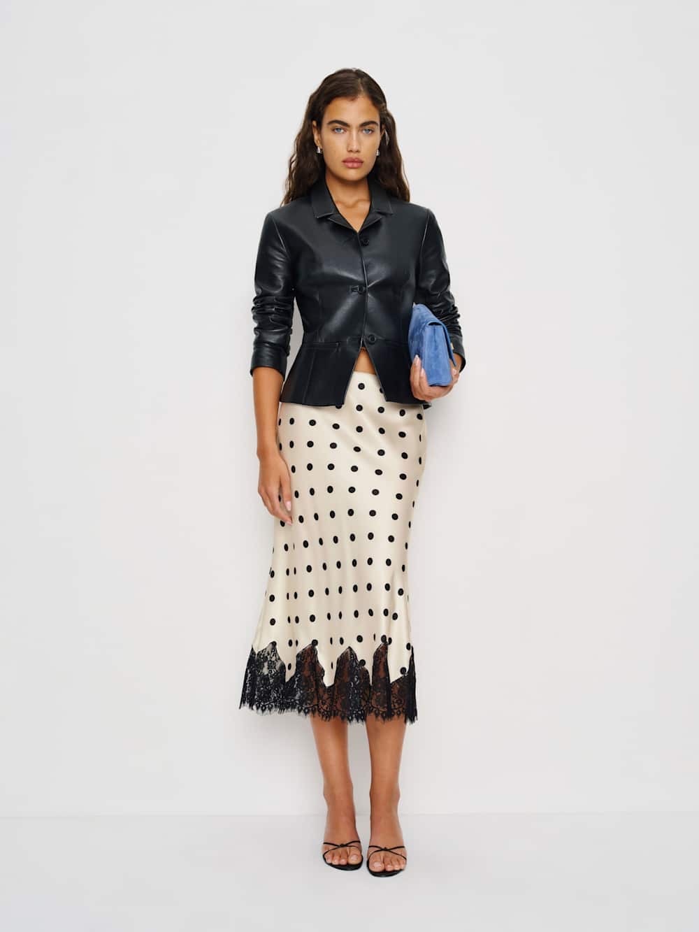 Reformation Carolina Cream Silk Polka Dot Midi Skirt with Black Lace Trim - Picture 2 of 6